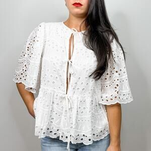Love Wednesday White Eyelet Tie Front Flutter Sleeve Blouse